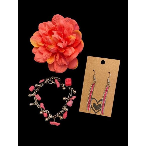 NWOT Handmade Matching Pink Earring/Bracelet Set With Flower Hair Accessory - Picture 1 of 3